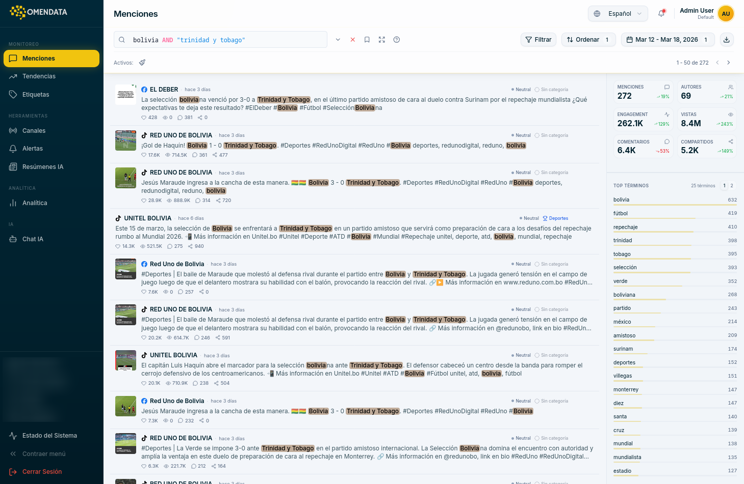 Vista de menciones en tiempo real en OmenData — plataforma de social listening para Bolivia